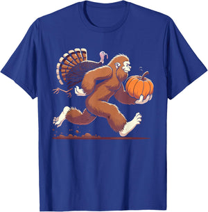 Bigfoot sasquatch with turkey and pumpkin for thanksgiving T-Shirt - T-Shirt | Royal
