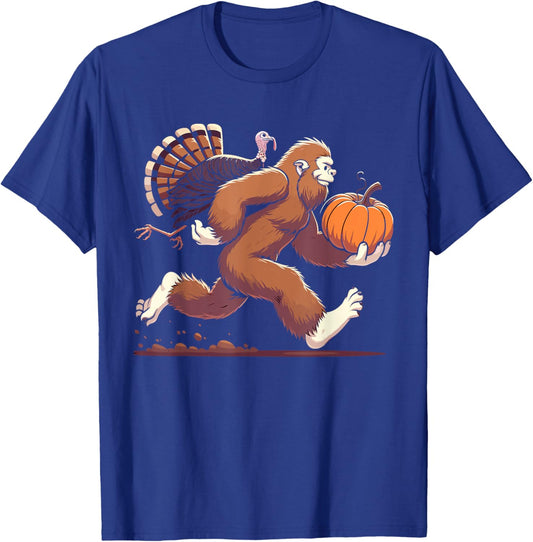 Bigfoot sasquatch with turkey and pumpkin for thanksgiving T-Shirt - T-Shirt | Royal