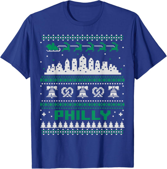 Philadelphia PA Ugly Christmas Sweater Philly City Skyline T-Shirt - T-Shirt | Royal