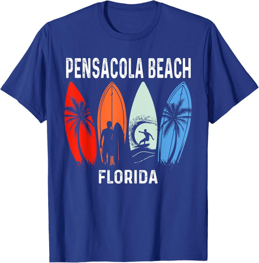 Retro Pensacola Beach Florida Surfboarder Beach Men Women Girls Kids T-Shirt - T-Shirt | Royal