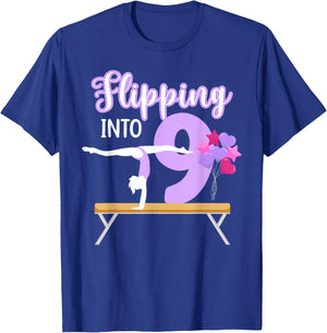 9th Gymnastics Birthday Party Nine Year Old Gymnast Girl T-Shirt - T-Shirt | Royal