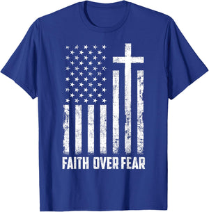 USA Flag Patriotic American Gift Faith Over Fear Prayer Men T-Shirt - T-Shirt | Royal