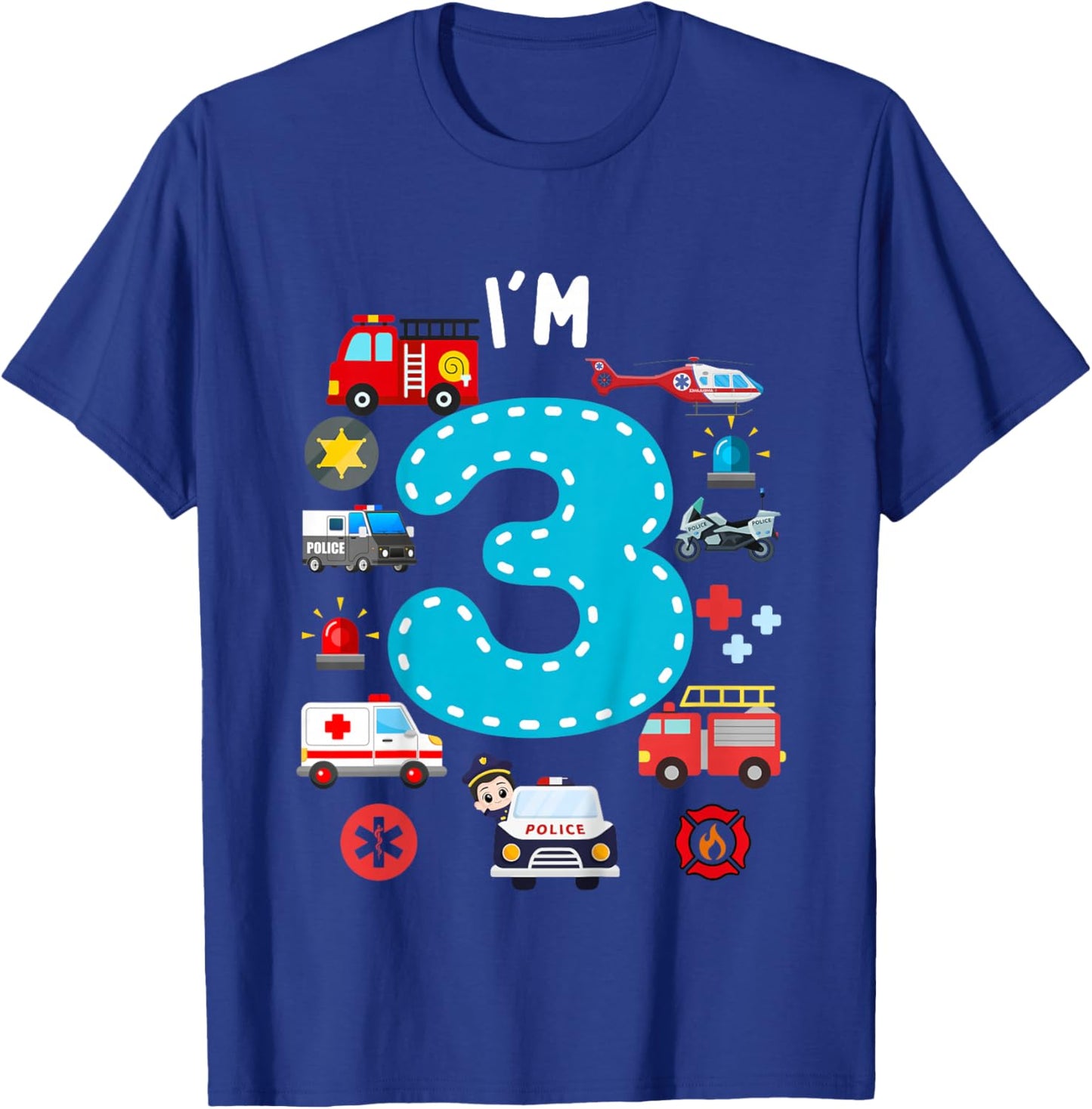 Kids 3rd Birthday Emergency Vehicles Boys 3Years Old Toddler Kids T-Shirt - T-Shirt | Royal