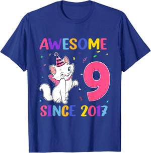 9 Years Old 9th Birthday Girls Cute Cat Awesome Since 2017 T-Shirt - T-Shirt | Royal