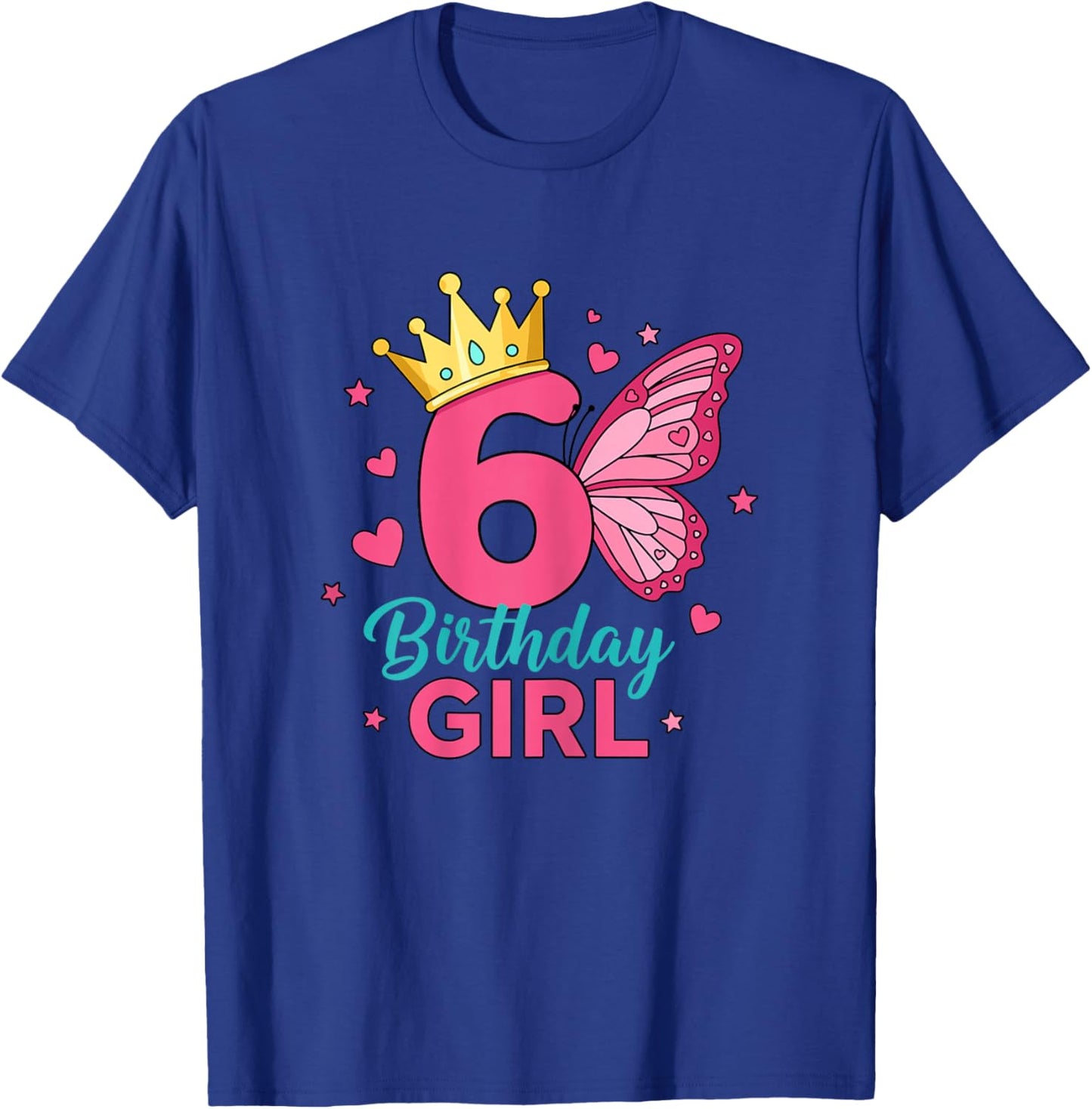 6th Birthday Girl Crown Butterfly Princess Party T-Shirt - T-Shirt | Royal