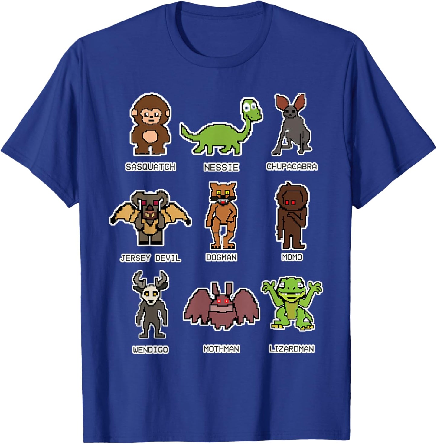 Bigfoot Ness Mothman Wendigo Monsters Retro 8-Bit Cryptid T-Shirt - T-Shirt | Royal