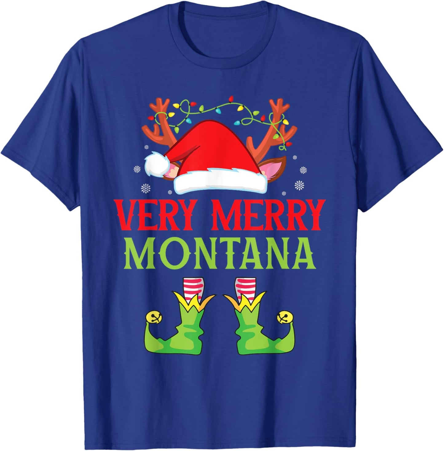 Festive Christmas Elf & Santa Claus Very Merry in MONTANA T-Shirt - T-Shirt | Royal