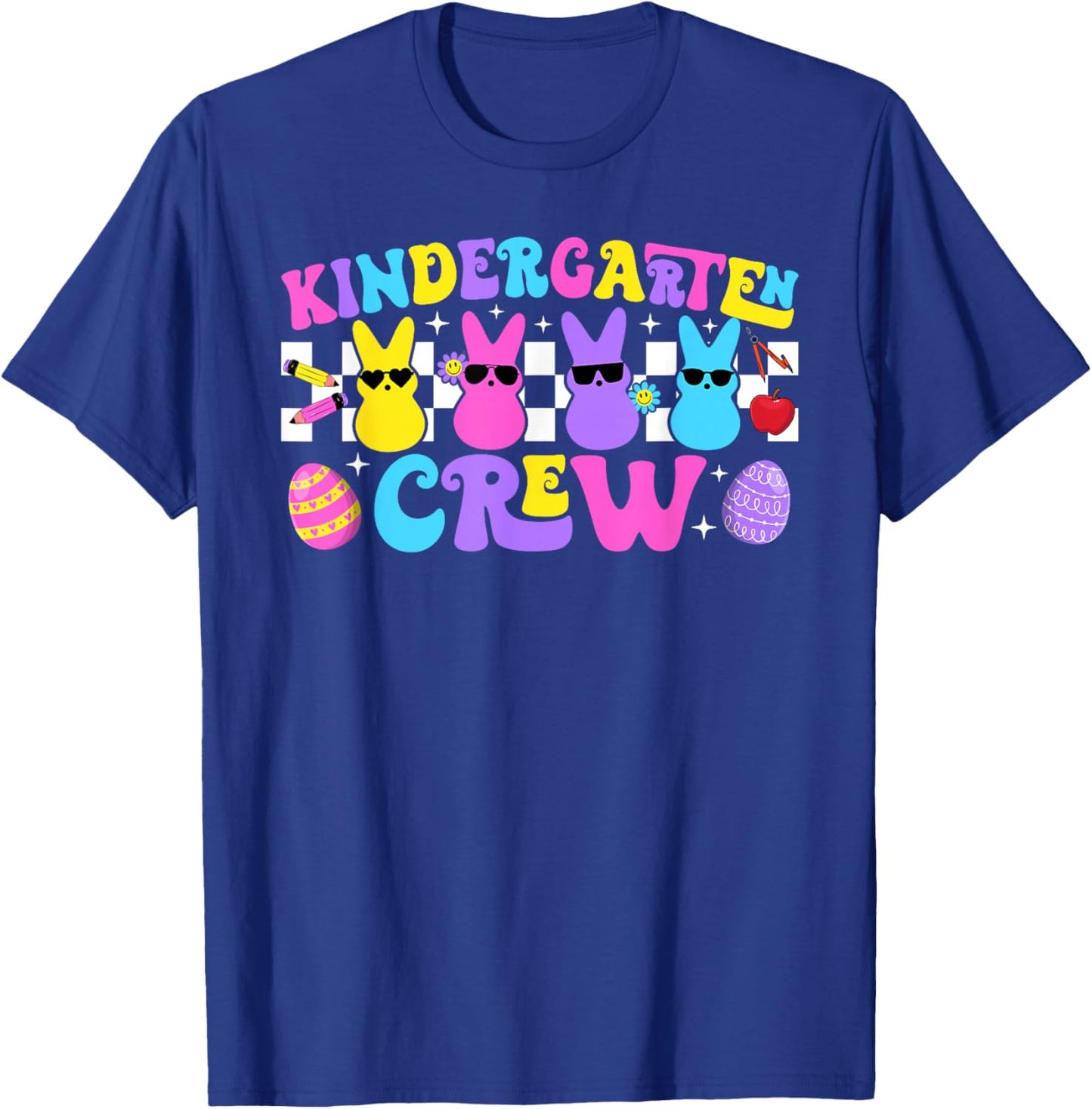Kindergarten Crew Retro Bunny Teacher Easter Day Rabbit T-Shirt - T-Shirt | Royal