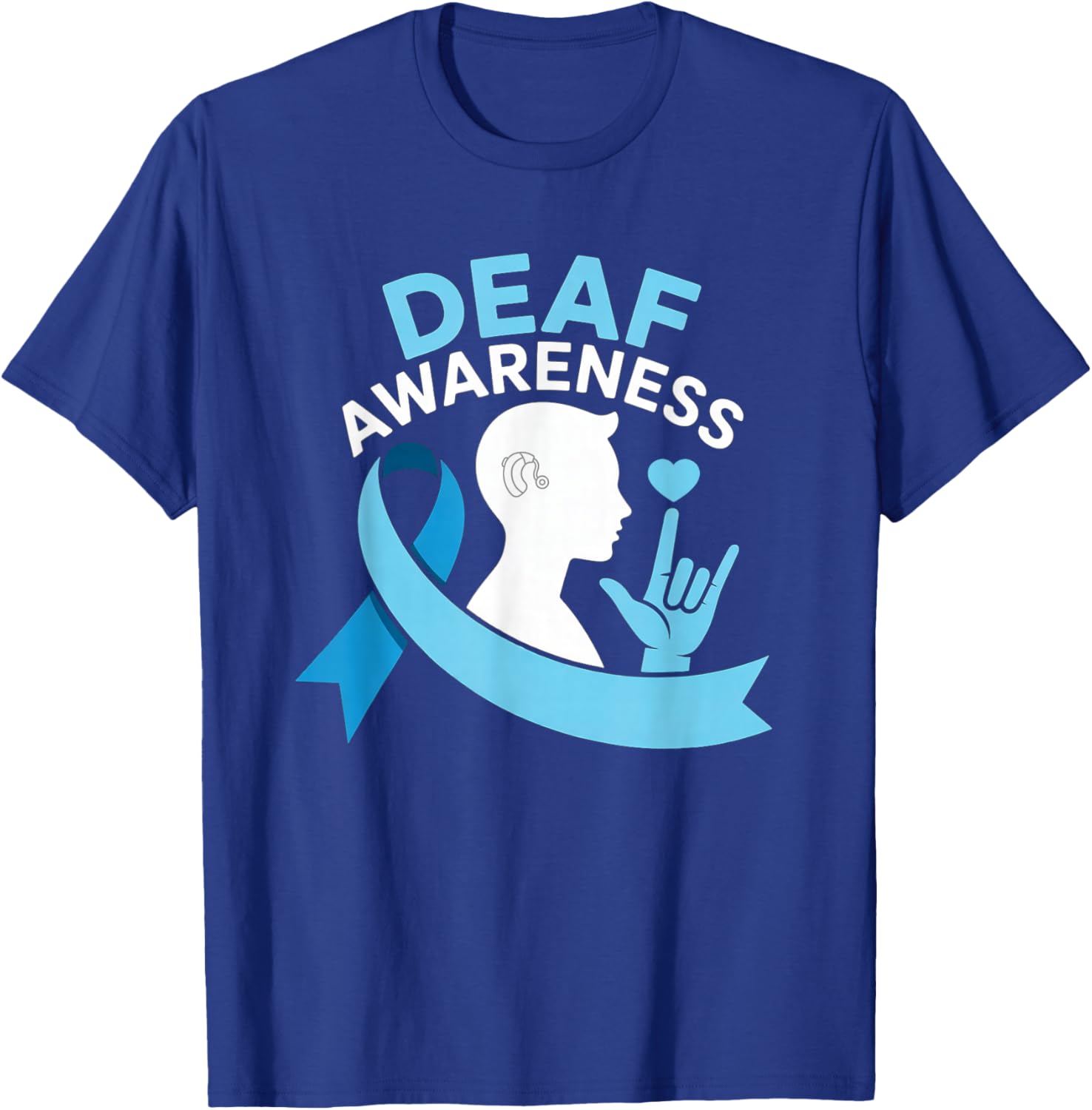 Deaf Awareness Month Blue Ribbon ASL Cochlear Implant ILY T-Shirt - T-Shirt | Royal