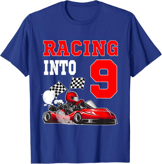 Racing Into 9 Year Old Go Kart Themed Party 9th Birthday T-Shirt - T-Shirt | Royal