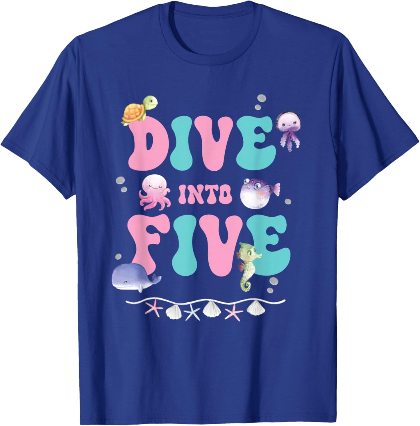 Dive Into 5 Birthday Decorations Girl Retro Sea Animals T-Shirt - T-Shirt | Royal
