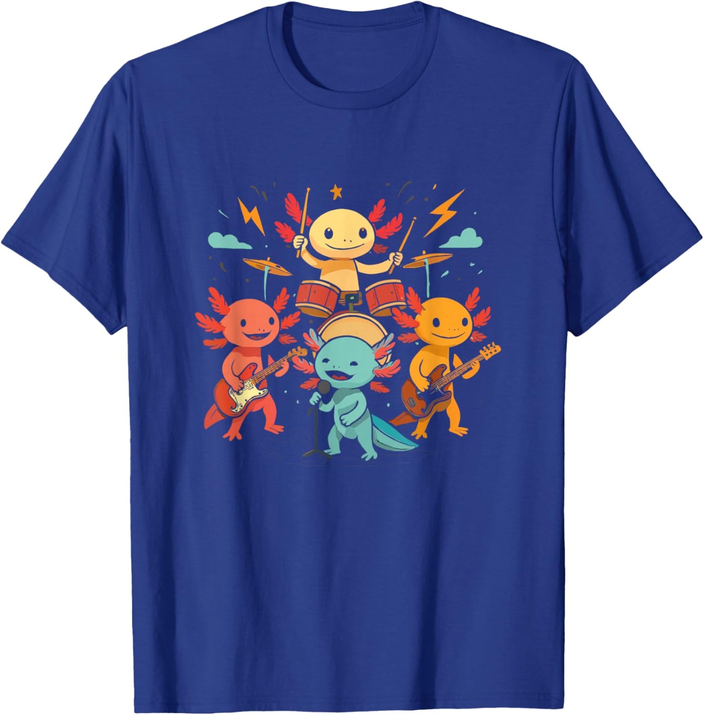 Cute Axolotl Rock Band Playing Drums Guitar Singing Graphic T-Shirt - T-Shirt | Royal