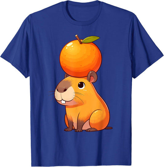 Capybara Funny Graphic Capybara With Orange On Head T-Shirt - T-Shirt | Royal