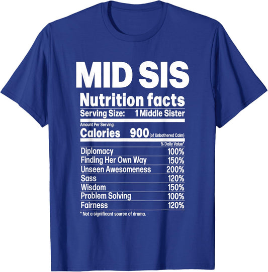 Middle Sister Funny Sibling Humor Mid Sis Nutrition Facts T-Shirt - T-Shirt | Royal