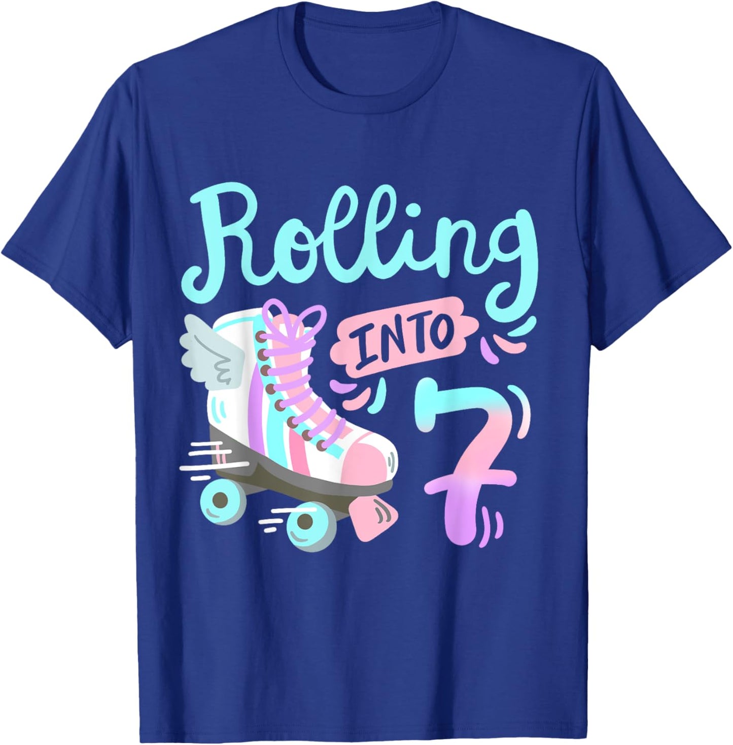 Rolling Into 7 Roller Skates Skater Girl 7th Birthday Party T-Shirt - T-Shirt | Royal