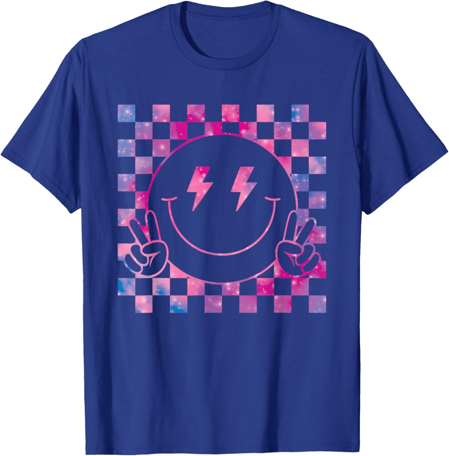 Checkered Lightning Bolt Eyes Happy Smiling Smile Face Peace T-Shirt - T-Shirt | Royal