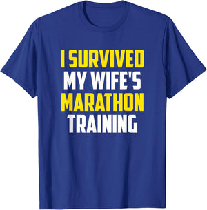Runner Spouse Apparel - I Survived My Wife's Marathon Training - Men's Black Funny Training - Small - - Short Sleeve T-Shirt - T-Shirt | Royal