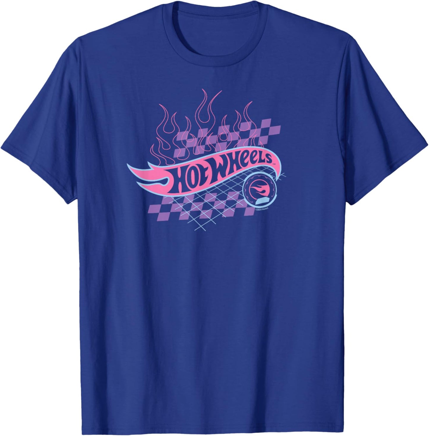 Hot Wheels - Flaming Logo With Checkered Background T-Shirt - T-Shirt | Royal