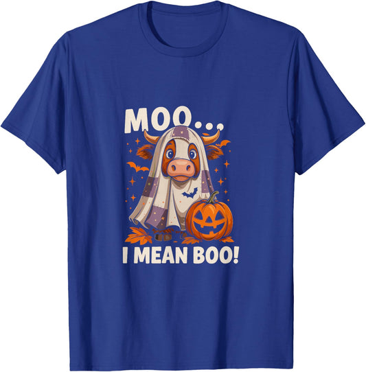 Moo I Mean Boo Funny Ghost Cows Halloween Highland Cow T-Shirt - T-Shirt | Royal