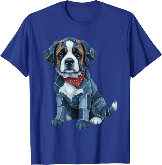 Funny Saint Bernard Dog Blue Denim Patchwork Pattern T-Shirt - T-Shirt | Royal