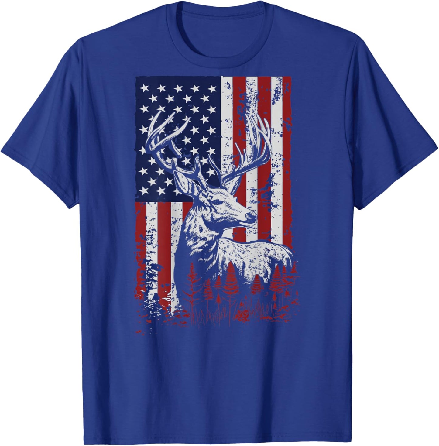 Whitetail Buck Deer Hunting American Flag Patriotic ON BACK T-Shirt - T-Shirt | Royal