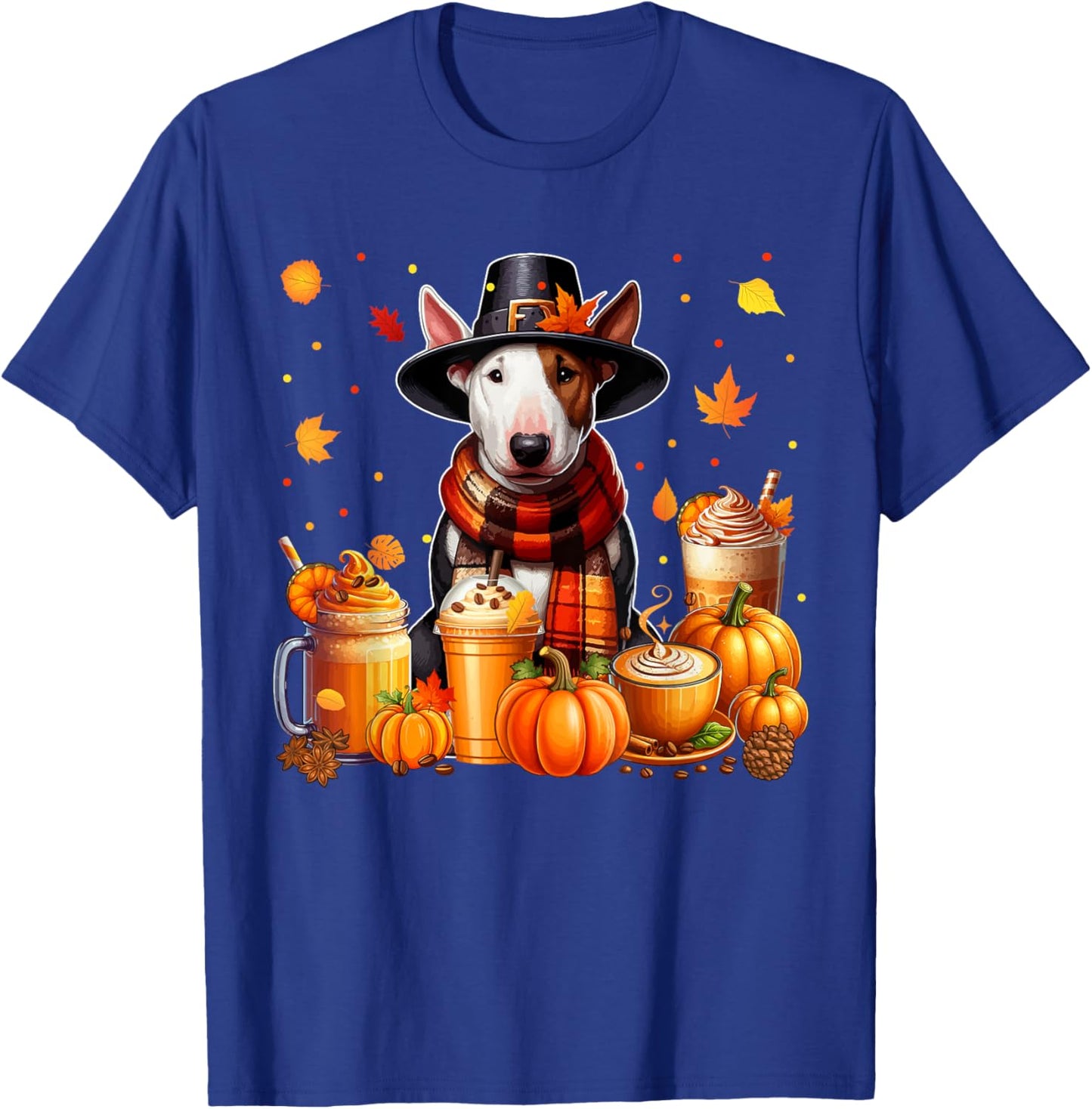 Bull Terrier Thanksgiving Drinks Coffee Fall Leaves Pumpkins T-Shirt - T-Shirt | Royal