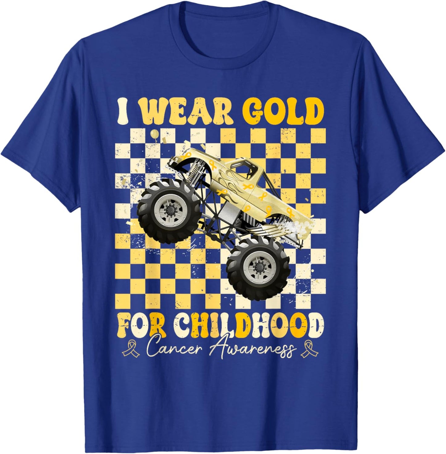 I Wear Gold for Childhood Cancer Awareness Monster Truck Kid T-Shirt - T-Shirt | Royal