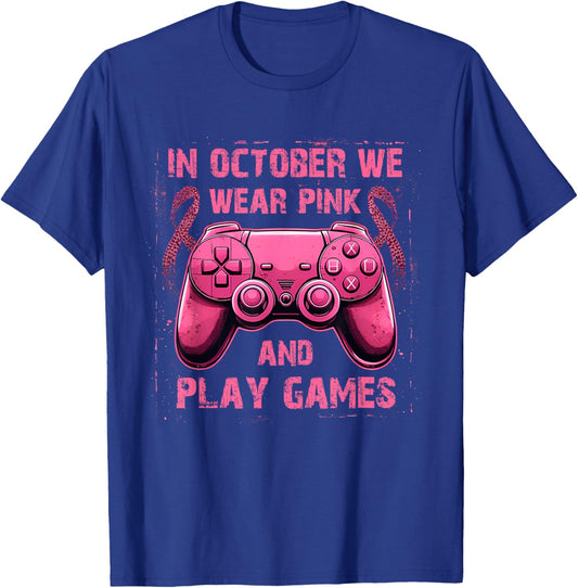 in October We Wear Pink Breast Cancer Gaming Kids Boys Youth T-Shirt - T-Shirt | Royal