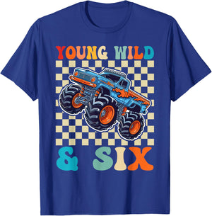 6th Birthday Monster Truck Young Wild and Six 6 Year Old T-Shirt - T-Shirt | Royal