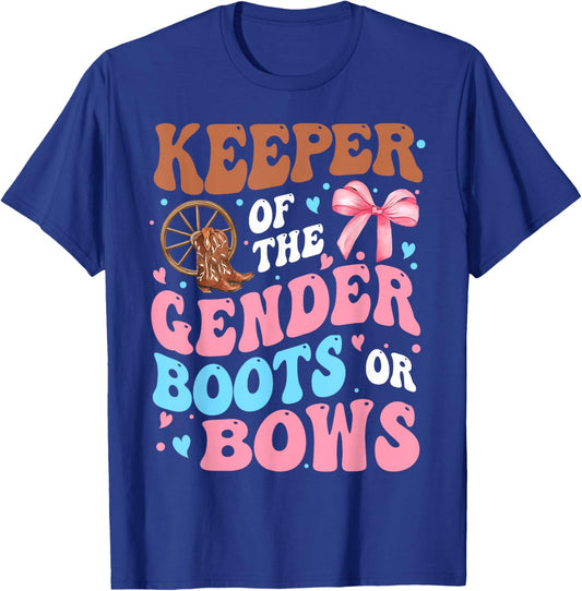 Boots or Bows Funny Keeper of Gender Baby Reveal Party T-Shirt - T-Shirt | Royal