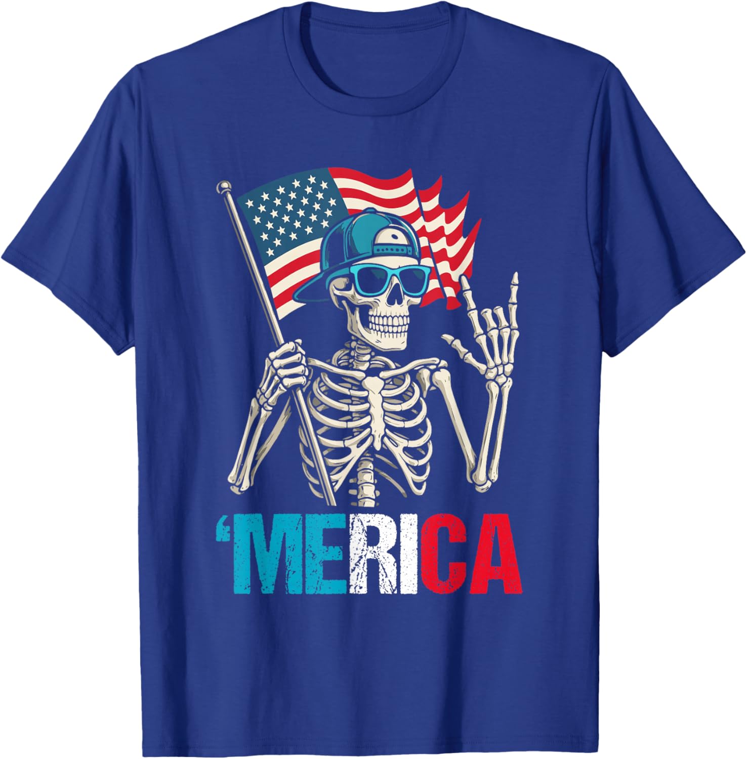 Skeleton Merica Rock American Flag Patriotic 4th of July T-Shirt - T-Shirt | Royal
