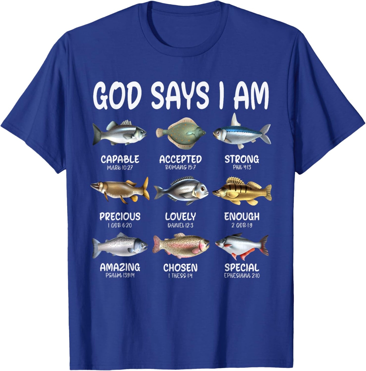 God Says I Am Christian Boys Girls Kids Fishing Fish Graphic T-Shirt - T-Shirt | Royal
