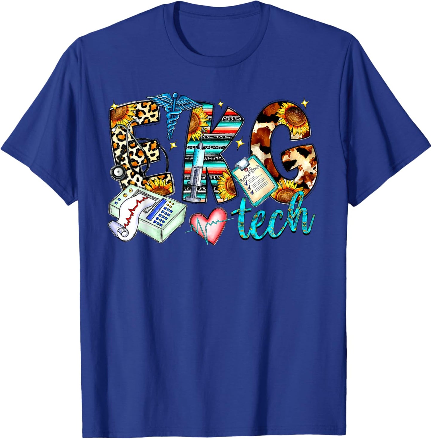 Retro Leopard EKG Tech Apparel Electrocardiogram Specialist T-Shirt - T-Shirt | Royal