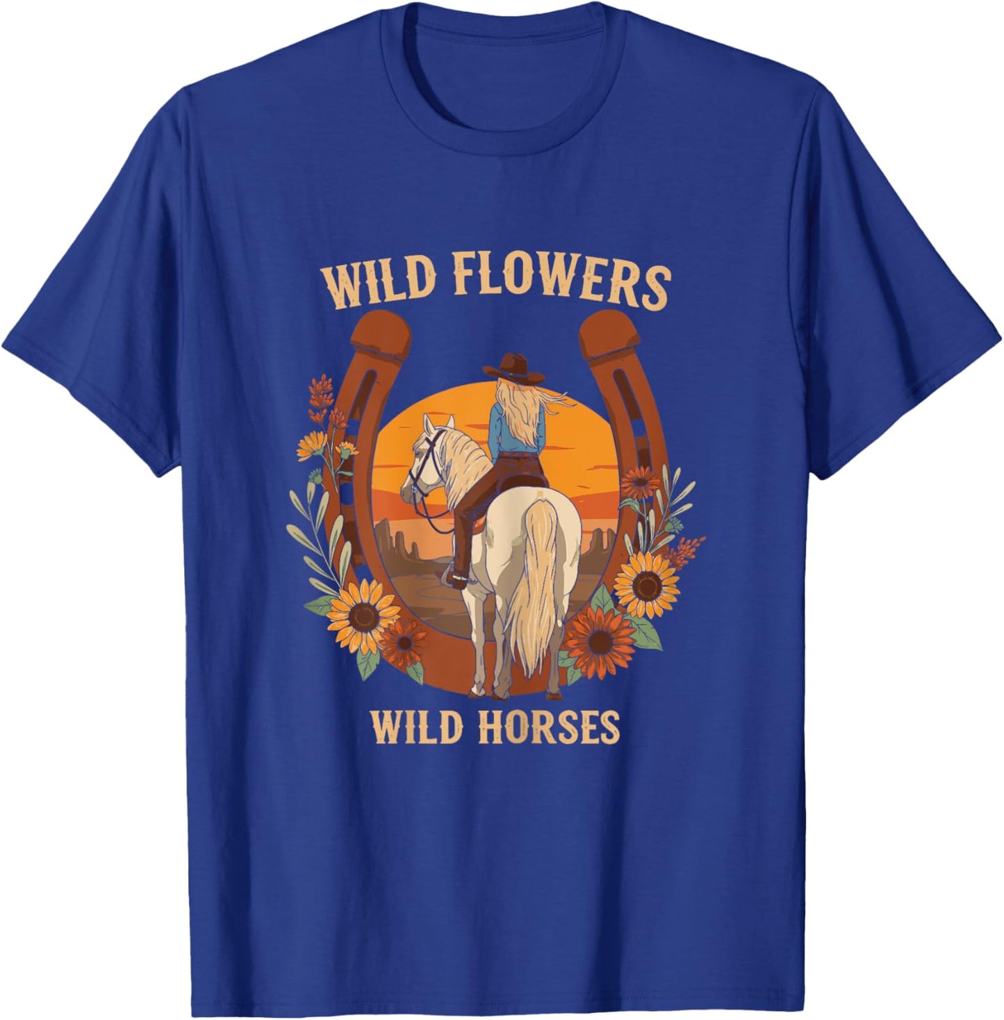 Wild Flowers Wild Horses Retro Rodeo Western Country Cowgirl T-Shirt - T-Shirt | Royal
