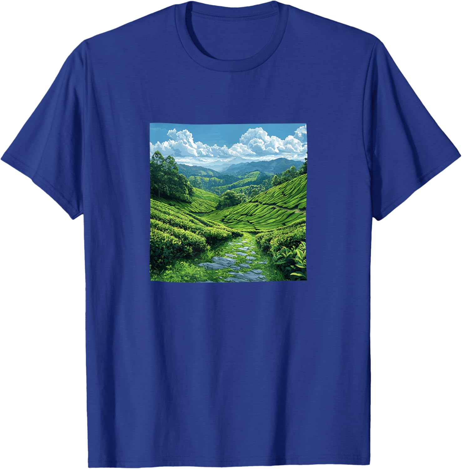 Vintage landscape illustration hills with tea plantations T-Shirt - T-Shirt | Royal