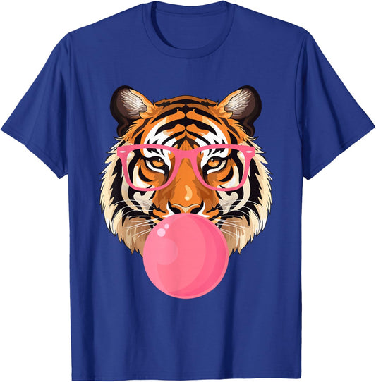 Funny Tiger Glasses Blowing Bubble Gum Cute Tiger Face T-Shirt - T-Shirt | Royal