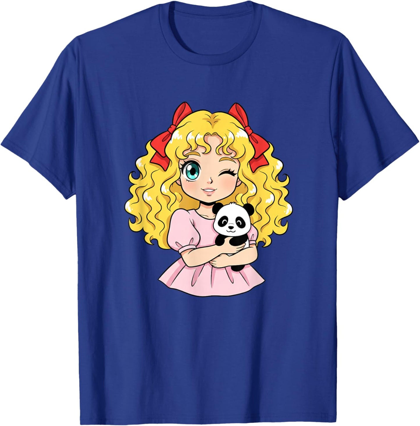 Kawaii Blonde Anime Girl Winking with Panda Cute Cartoon T-Shirt - T-Shirt | Royal