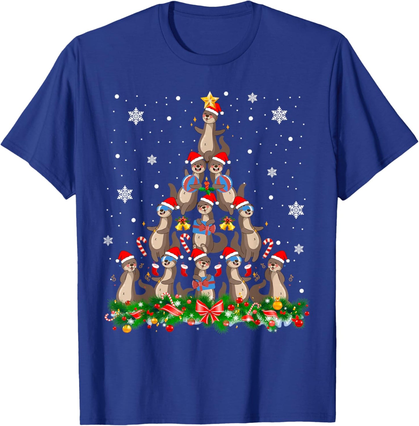 Santa ELF Reindeer Otter Christmas Tree T-Shirt - T-Shirt | Royal
