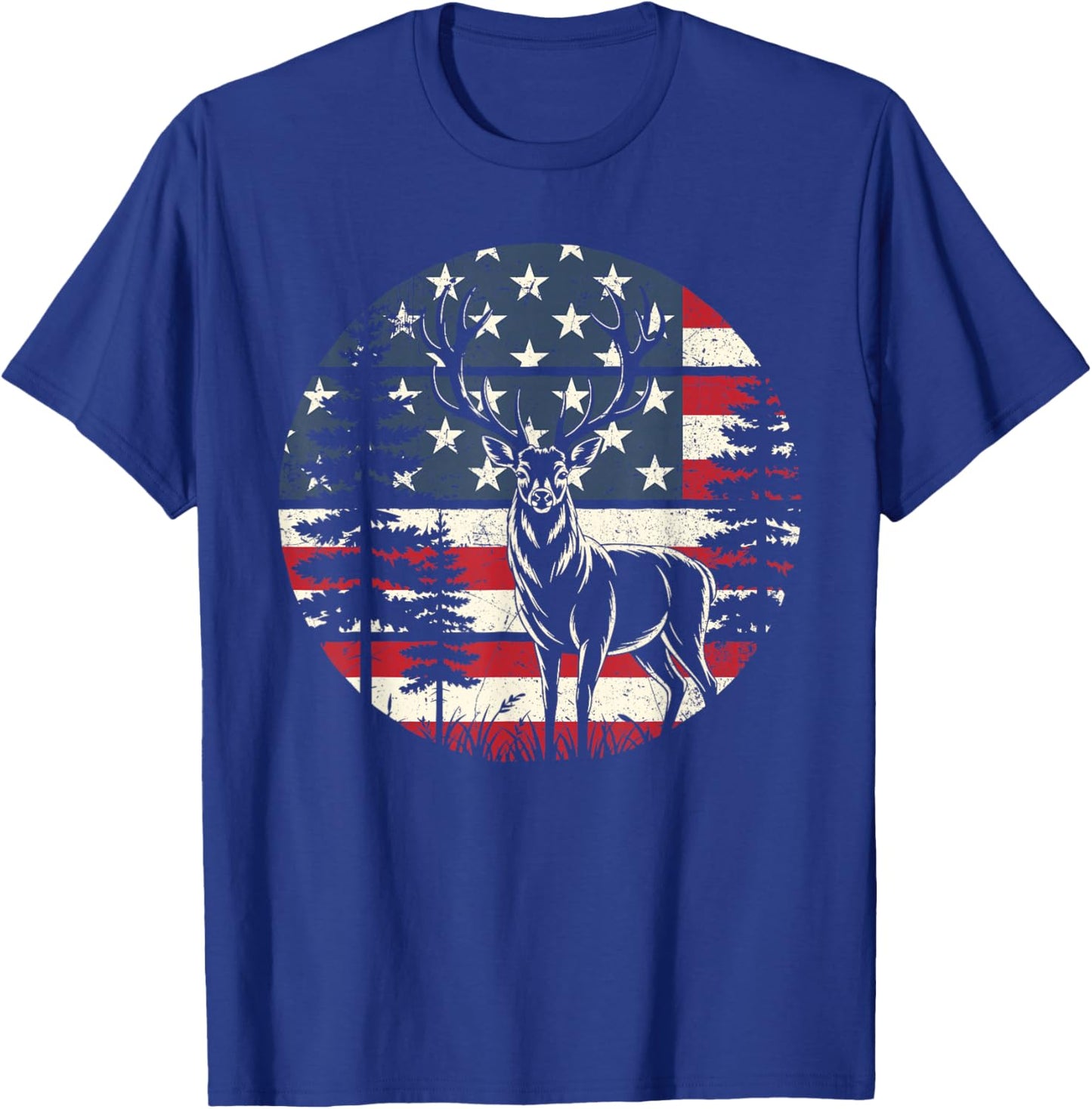 Deer USA Patriotic American Flag Whitetail Buck Antlers T-Shirt - T-Shirt | Royal