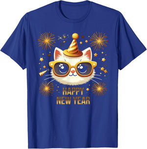 Happy New Year Cat Fireworks New Years Eve Party T-Shirt - T-Shirt | Royal