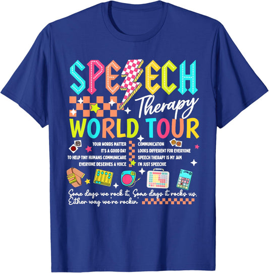 Speech Therapy World Tour Retro Lightning SLP Pathologist T-Shirt - T-Shirt | Royal