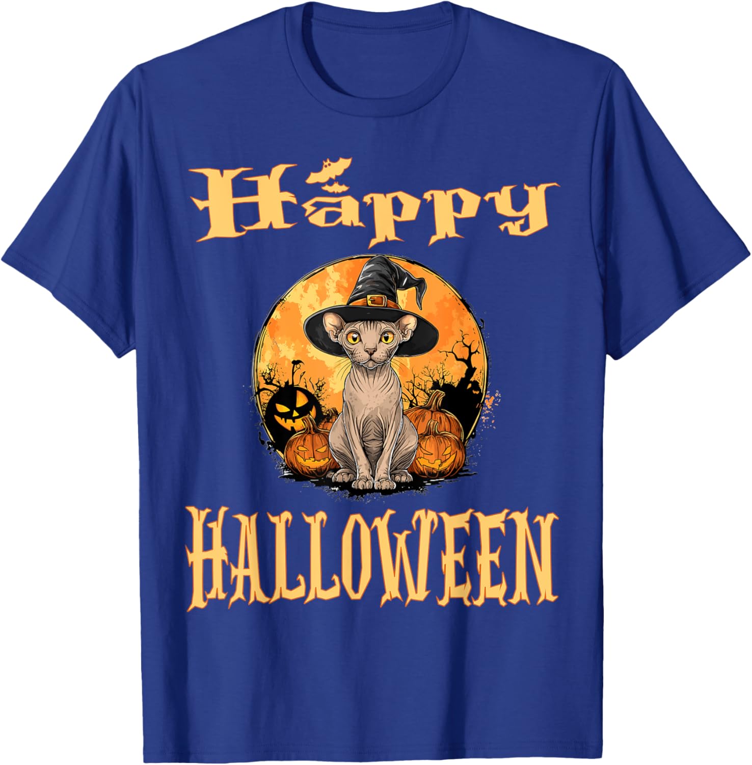 Sphynx Cat Animal Whitch Hat Halloween Pumpkin Spooky Happy Women Kids T-Shirt - T-Shirt | Royal