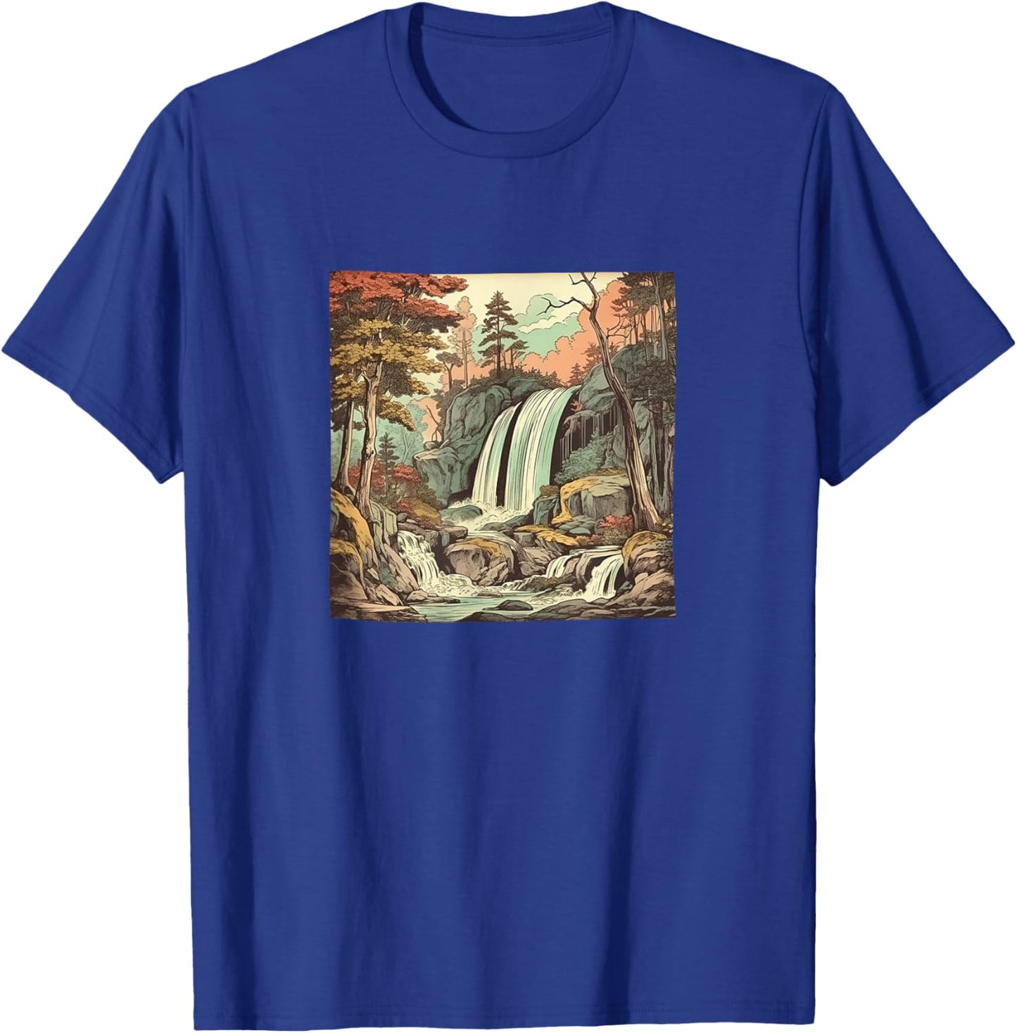 Waterfall In A Forest Vintage Landscape Graphic T-Shirt - T-Shirt | Royal