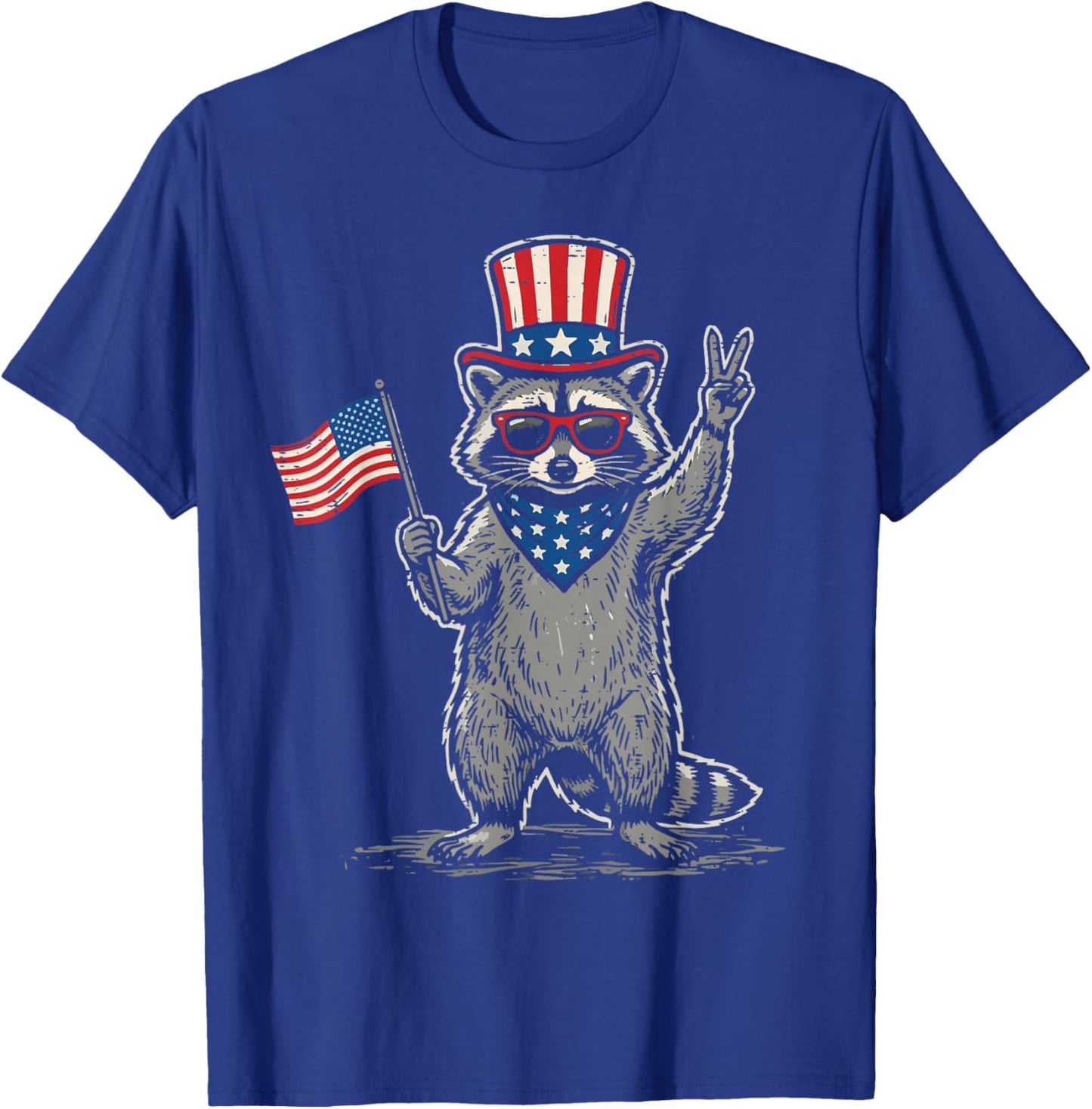 4th of July Raccoon Peace US Flag Patriotic Men Women Kids T-Shirt - T-Shirt | Royal