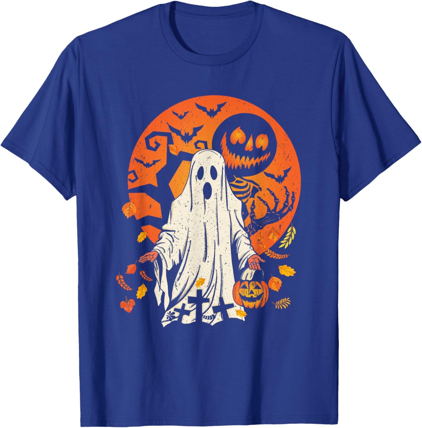 Cute Pumpkin Ghost And Autumn Leaves Halloween T-Shirt - T-Shirt | Royal