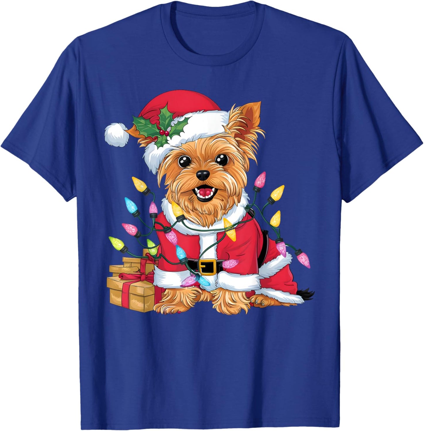 Family Xmas Lighting Santa Yorkie Dog Christmas T-Shirt - T-Shirt | Royal