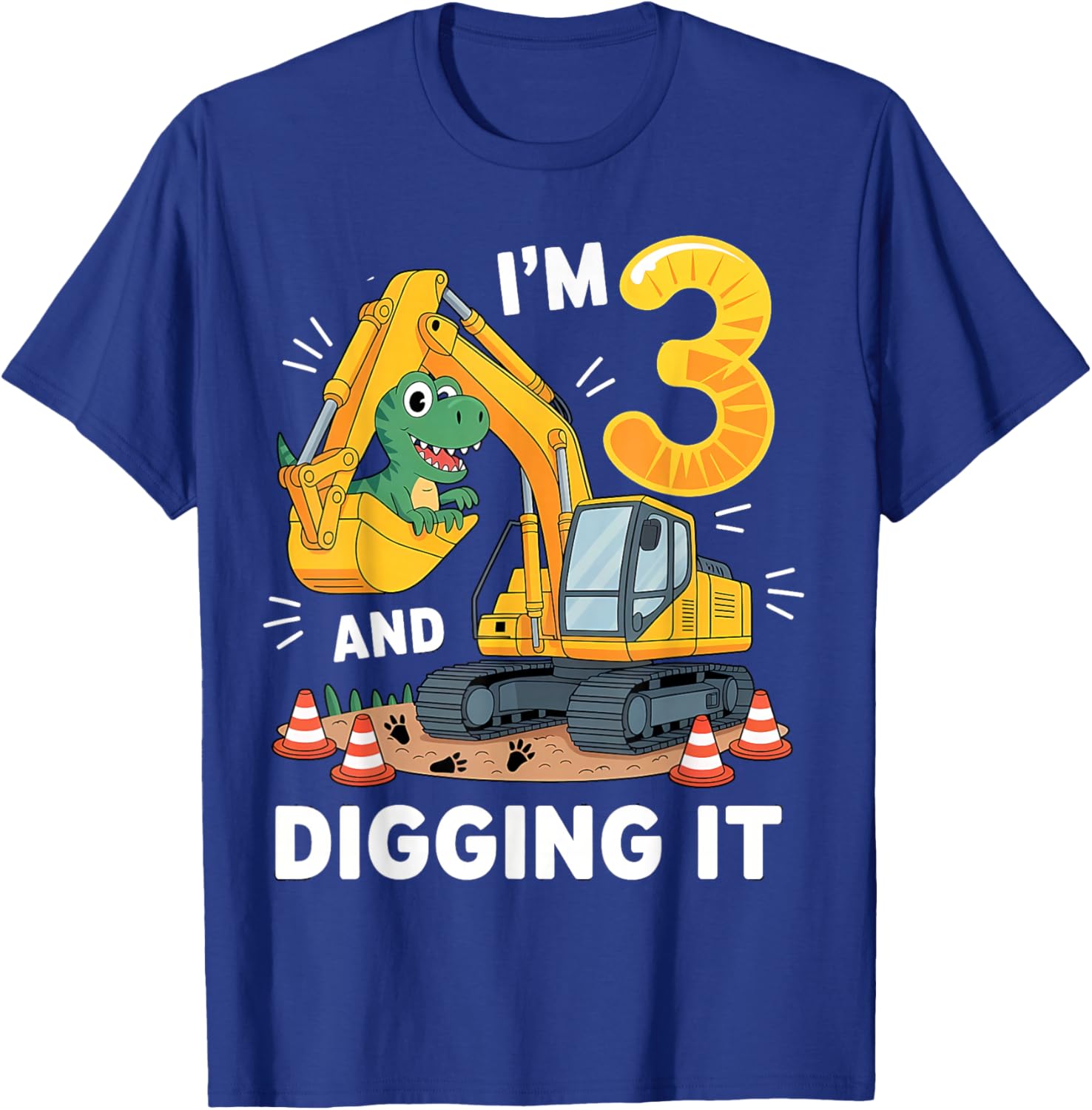 Three 3yr 3rd Birthday Construction Dinosaur Boy 3 Years Old T-Shirt - T-Shirt | Royal