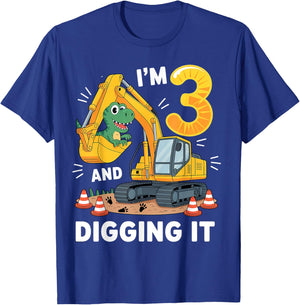 Three 3yr 3rd Birthday Construction Dinosaur Boy 3 Years Old T-Shirt - T-Shirt | Royal