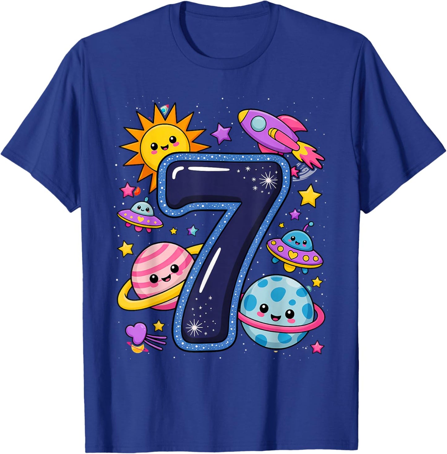 Outer Space 7 Year Old 7th Birthday Girl Party Theme T-Shirt - T-Shirt | Royal