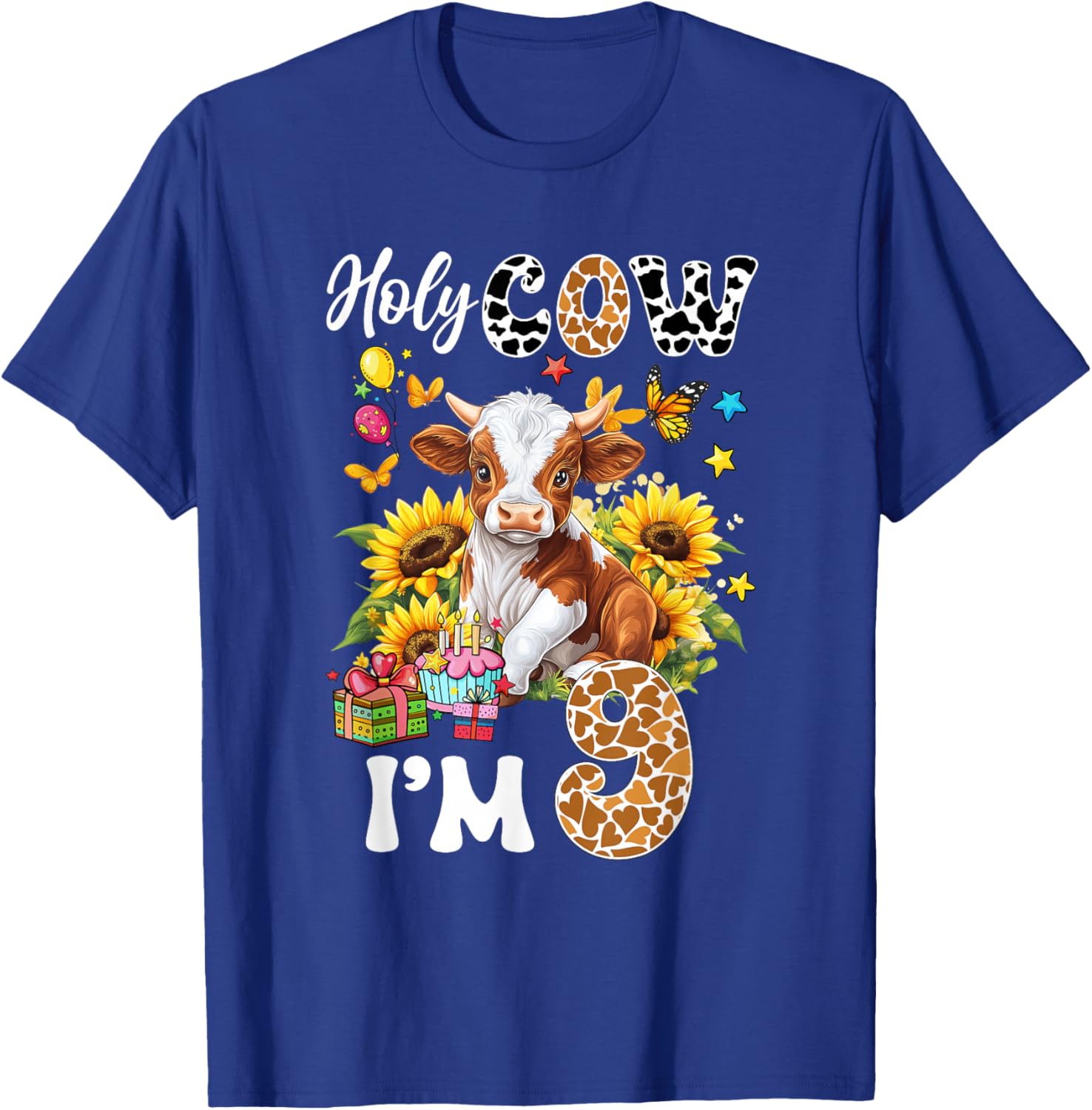 Holy Cow I'm 9 Years Old Farm Cow Sunflowers 9Th Birthday T-Shirt - T-Shirt | Royal